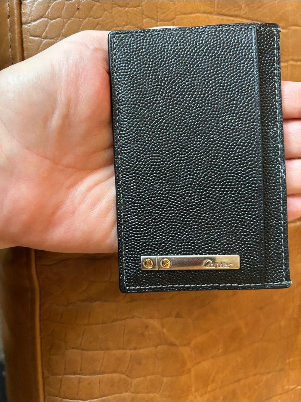 FAUX “Cartier” style Black Leather Card Holder with Metal Accent- made in Spain